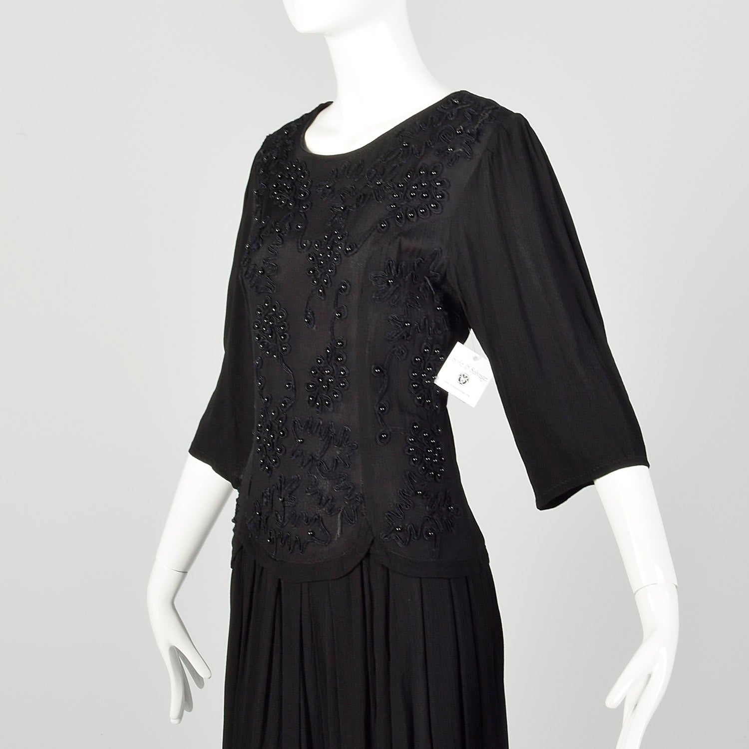 Medium 1990s Dress Black Beaded Crepe Quarter-Sleeve LBD