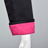 Yves Saint Laurent Rive Gauche Black Satin Satin Skirt Suit with Hot Pink Lining