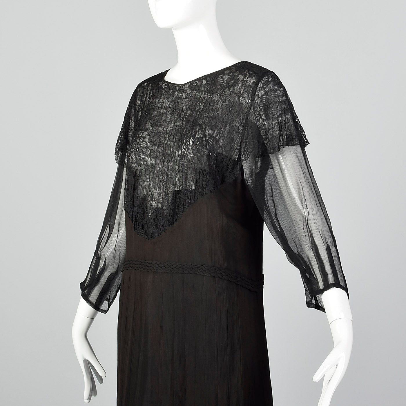 1930s Black Silk Dress with Sheer Lace Bust Panel