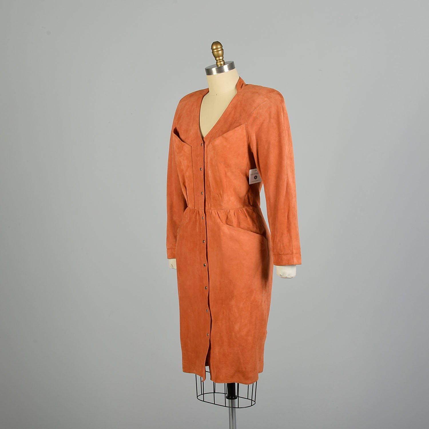 LG 1980s Thierry Mugler Leather Hourglass Suede Dress Orange Snap Front Knee Length Sexy Fitted Dress