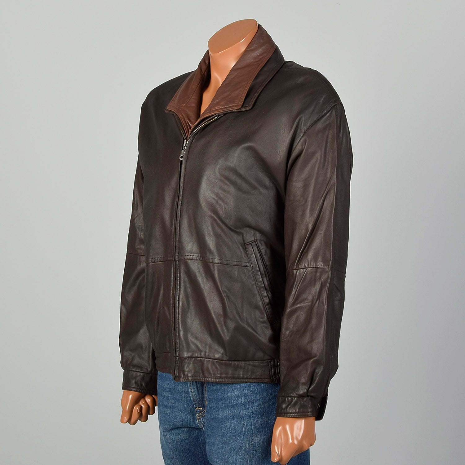 Large Remy Mens 1990s Chocolate Brown Leather Jacket