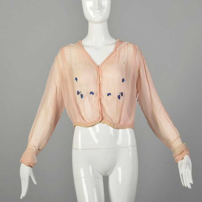 Large 1910s Edwardian Silk Blouse Pink Beaded Sailor Collar Long Sleeve