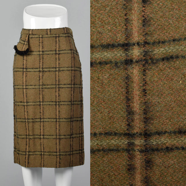 1940s Pencil Skirt in Brown and Green Windowpane Plaid