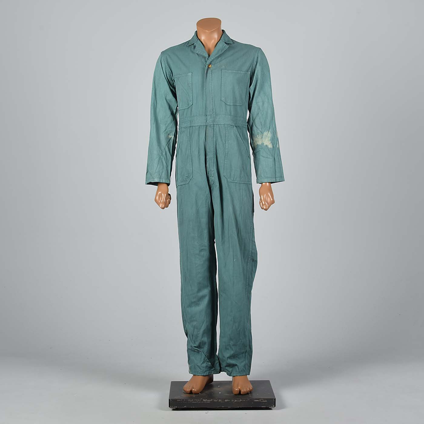 1940s Mens Green Herringbone Belted Workwear Coveralls