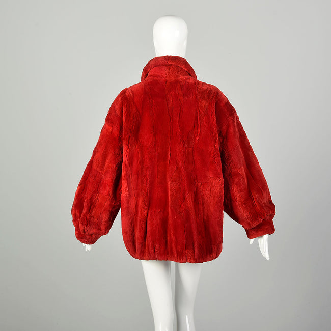 Large 1980s Sheared Bomber Jacket Cozy Winter Coat Red Zip Front Oversized