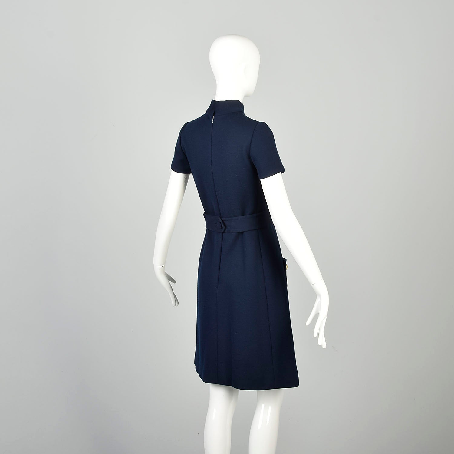 XXS 1970s Mod Dress Shift Minimalist Patch Pockets Navy Blue Knit