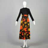 Small 1970s Maxi Dress Bohemian Bark Cloth Psychedelic Autumn