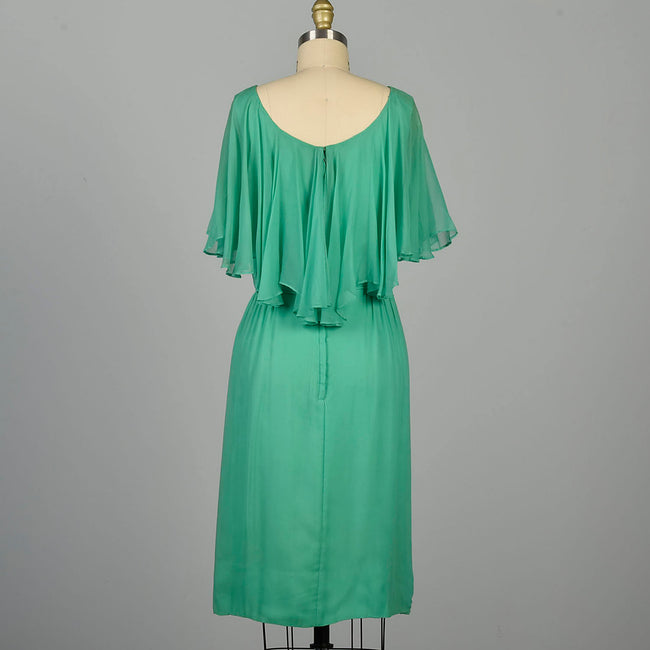 Small 1960s Wiggle Dress Emerald Green Cocktail Party Sleeveless Cape Collar