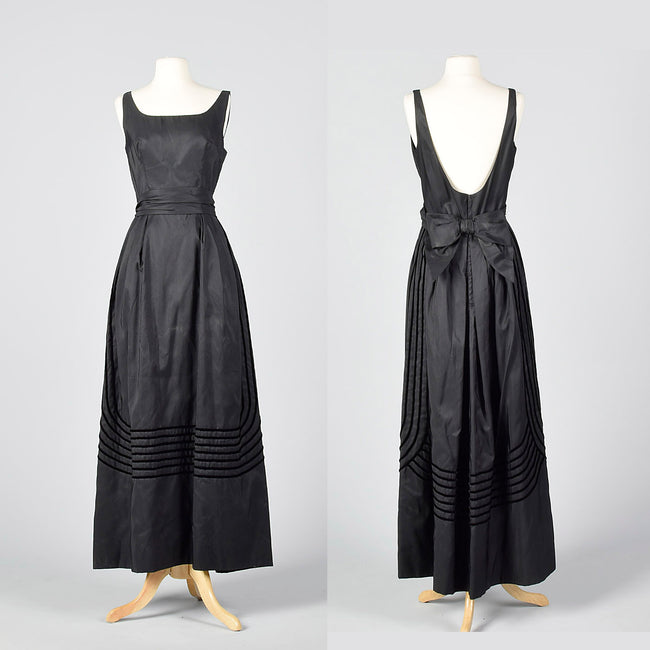 1950s Formal Black Maxi Dress with Stripe Trim