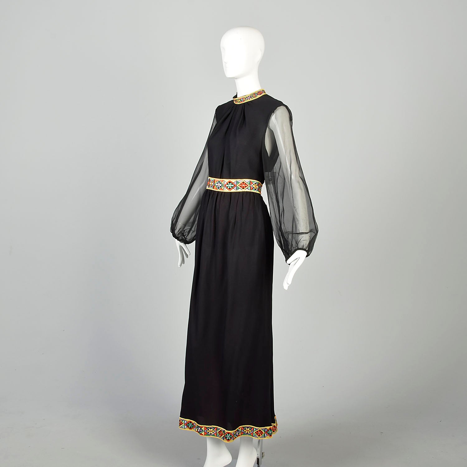 Large 1970s Ensemble Maxi Skirt Two Piece Blouse Hippie Sheer Bishop Sleeve