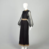 Large 1970s Ensemble Maxi Skirt Two Piece Blouse Hippie Sheer Bishop Sleeve
