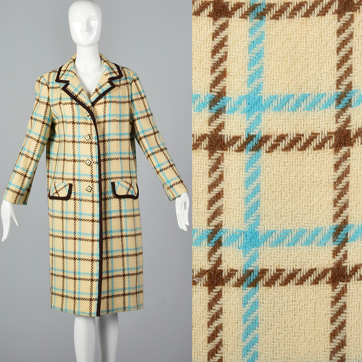 1960s Cream Plaid Coat Brown & Teal