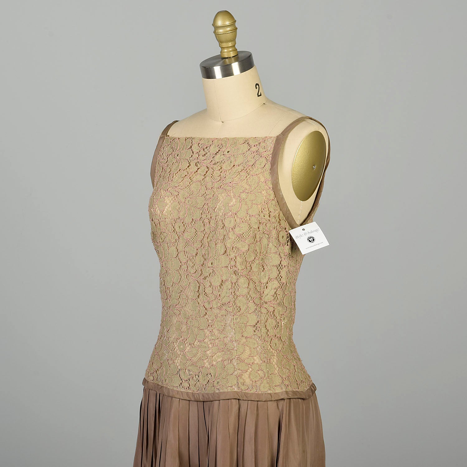 XS 1960s Dress Taupe Lace Drop Waist Pleated Skirt XS 1960s Dress Taupe Lace Drop Waist Pleated Skirt