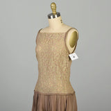 XS 1960s Dress Taupe Lace Drop Waist Pleated Skirt