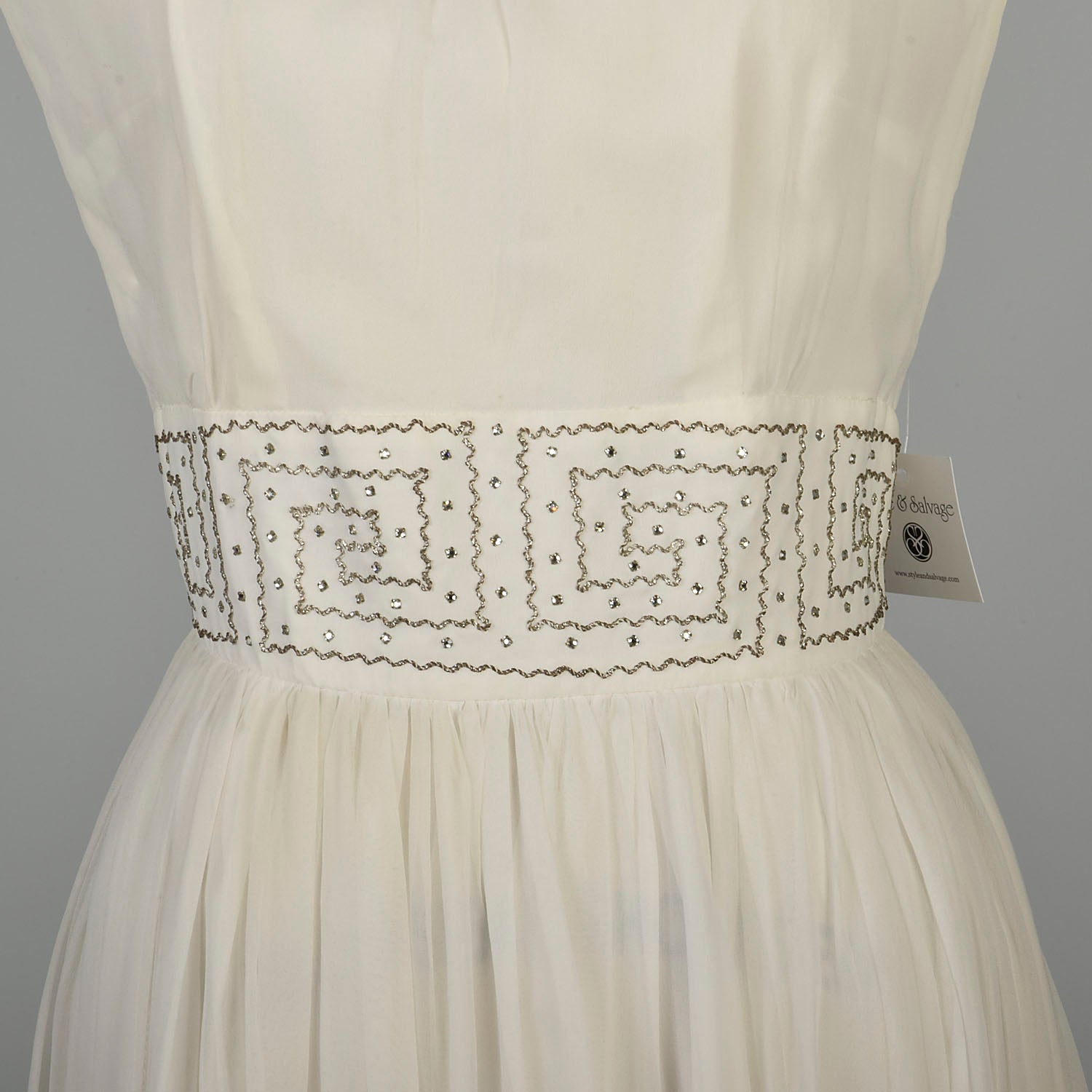 Medium 1960s White Silk Dress Rhinestone Waist Sleeveless