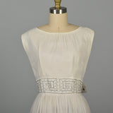 Medium 1960s White Silk Dress Rhinestone Waist Sleeveless