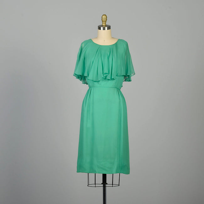 Small 1960s Wiggle Dress Emerald Green Cocktail Party Sleeveless Cape Collar