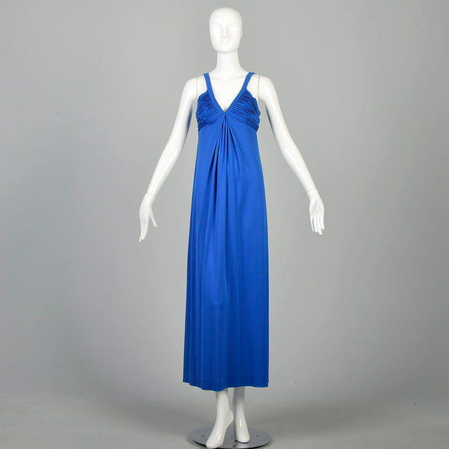 XXS 1970s Dress Royal Blue Disco Low Cut Maxi Dress