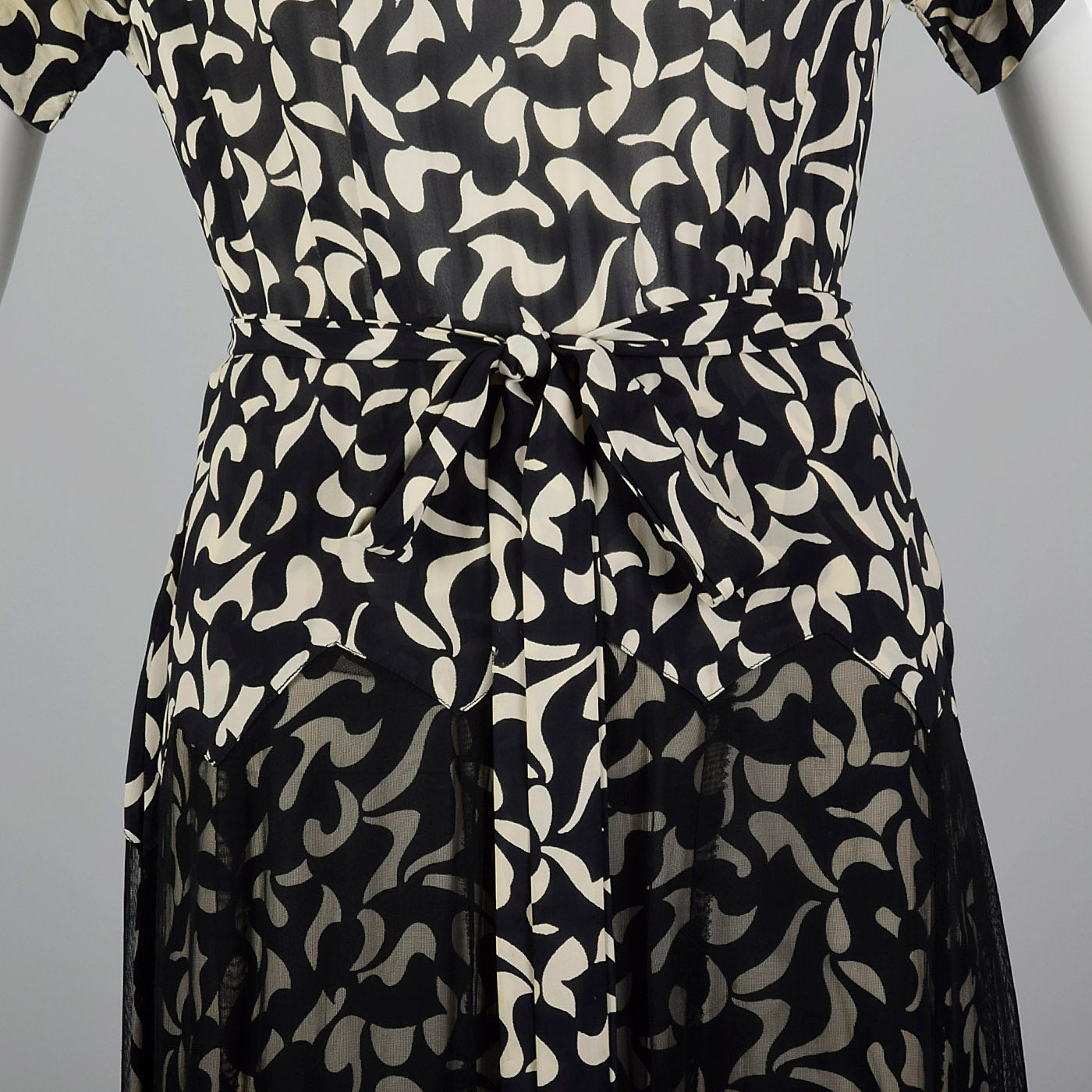 1940s Black and White Print Dress with Sheer Overlay