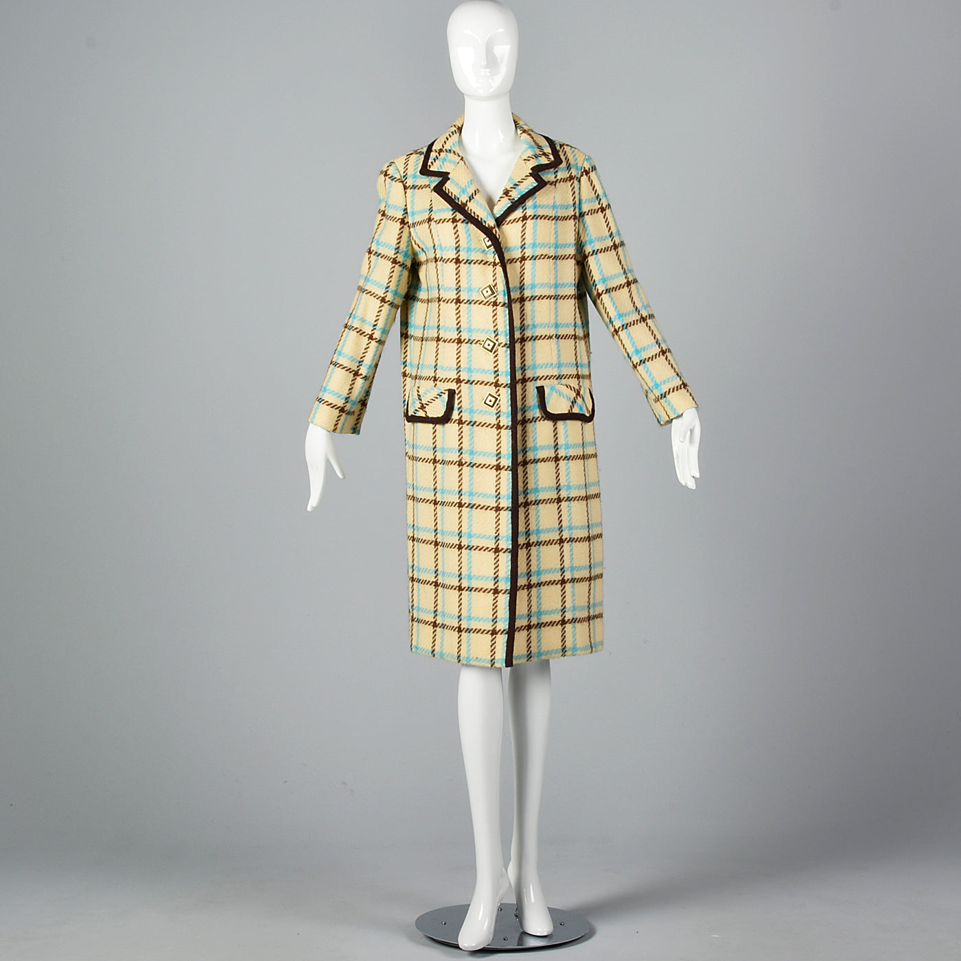 1960s Cream Plaid Coat Brown & Teal