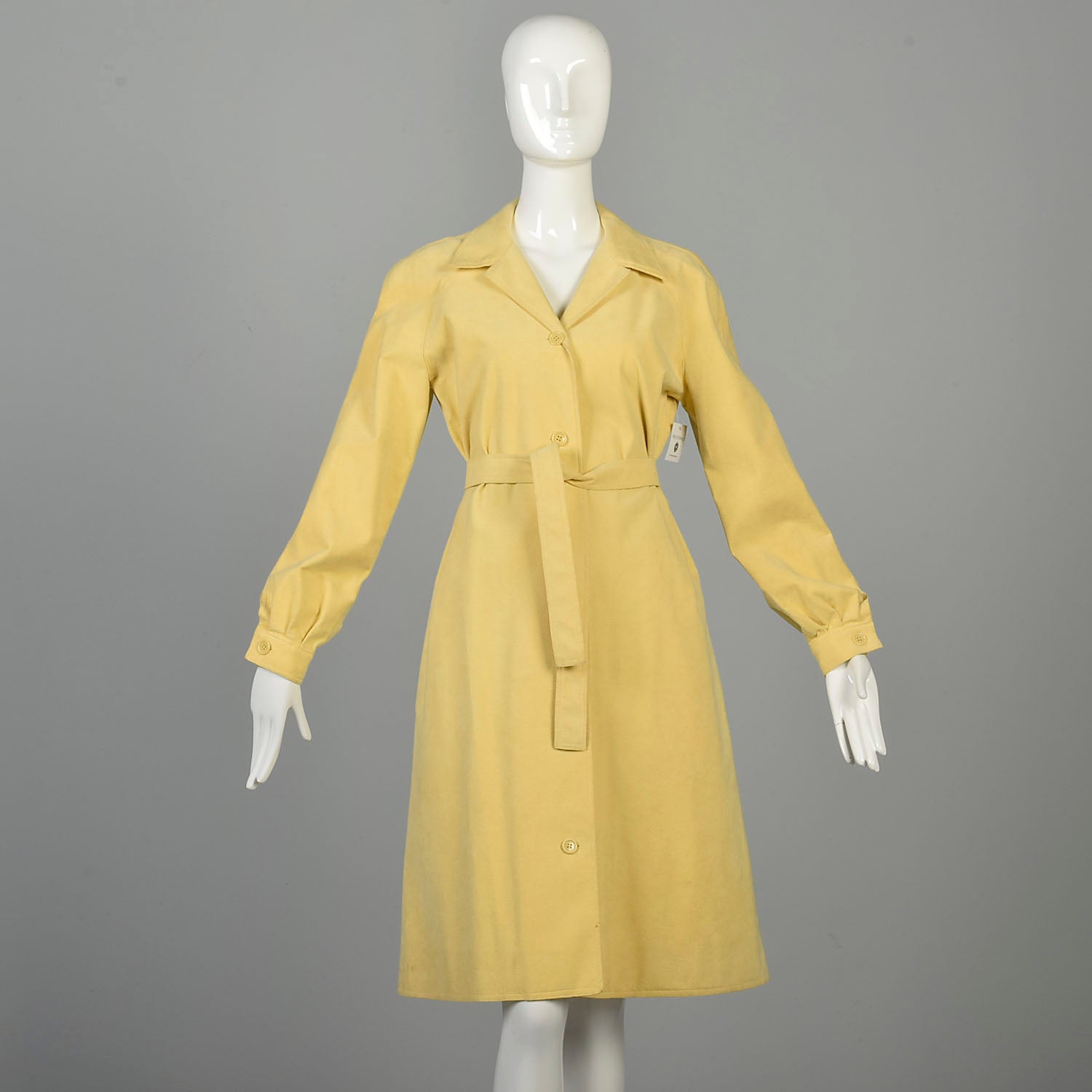 Small 1970s Halston Coat Ultrasuede Wing Collar Yellow Belted Dress Long Sleeve Button Front