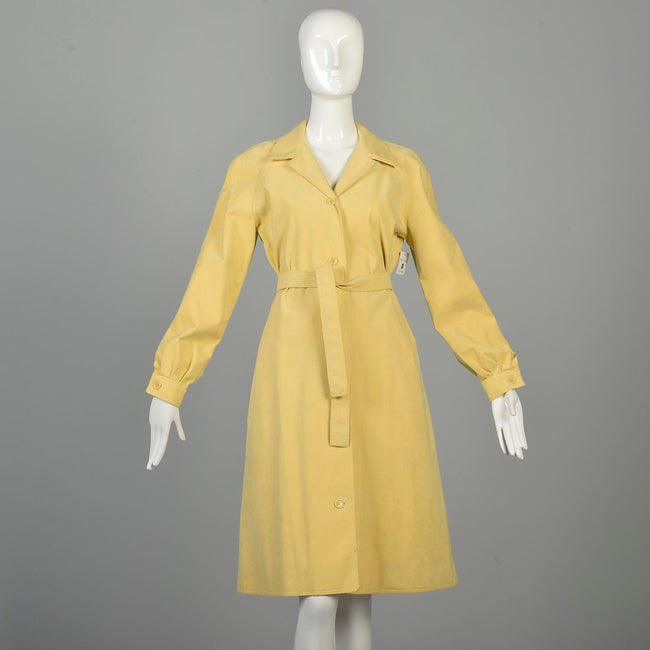 Small 1970s Halston Coat Ultrasuede Wing Collar Yellow Belted Dress Long Sleeve Button Front