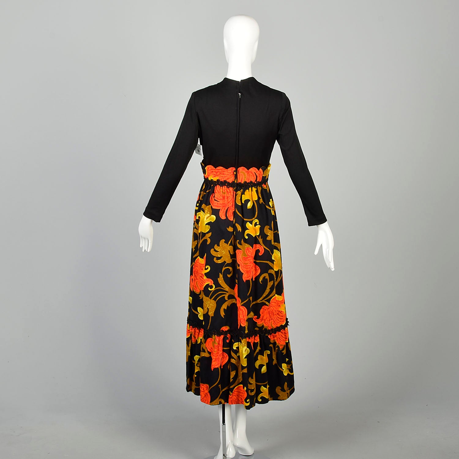 Small 1970s Maxi Dress Bohemian Bark Cloth Psychedelic Autumn