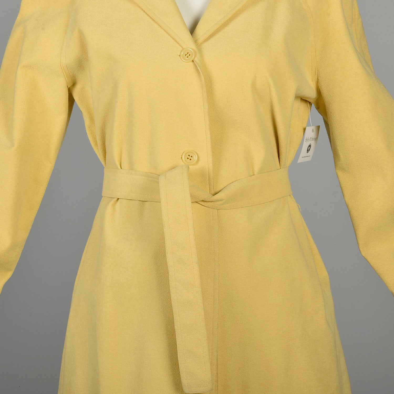 Small 1970s Halston Coat Ultrasuede Wing Collar Yellow Belted Dress Long Sleeve Button Front