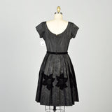 XS 1950s Dress Velvet Flower Hem Black Taffeta