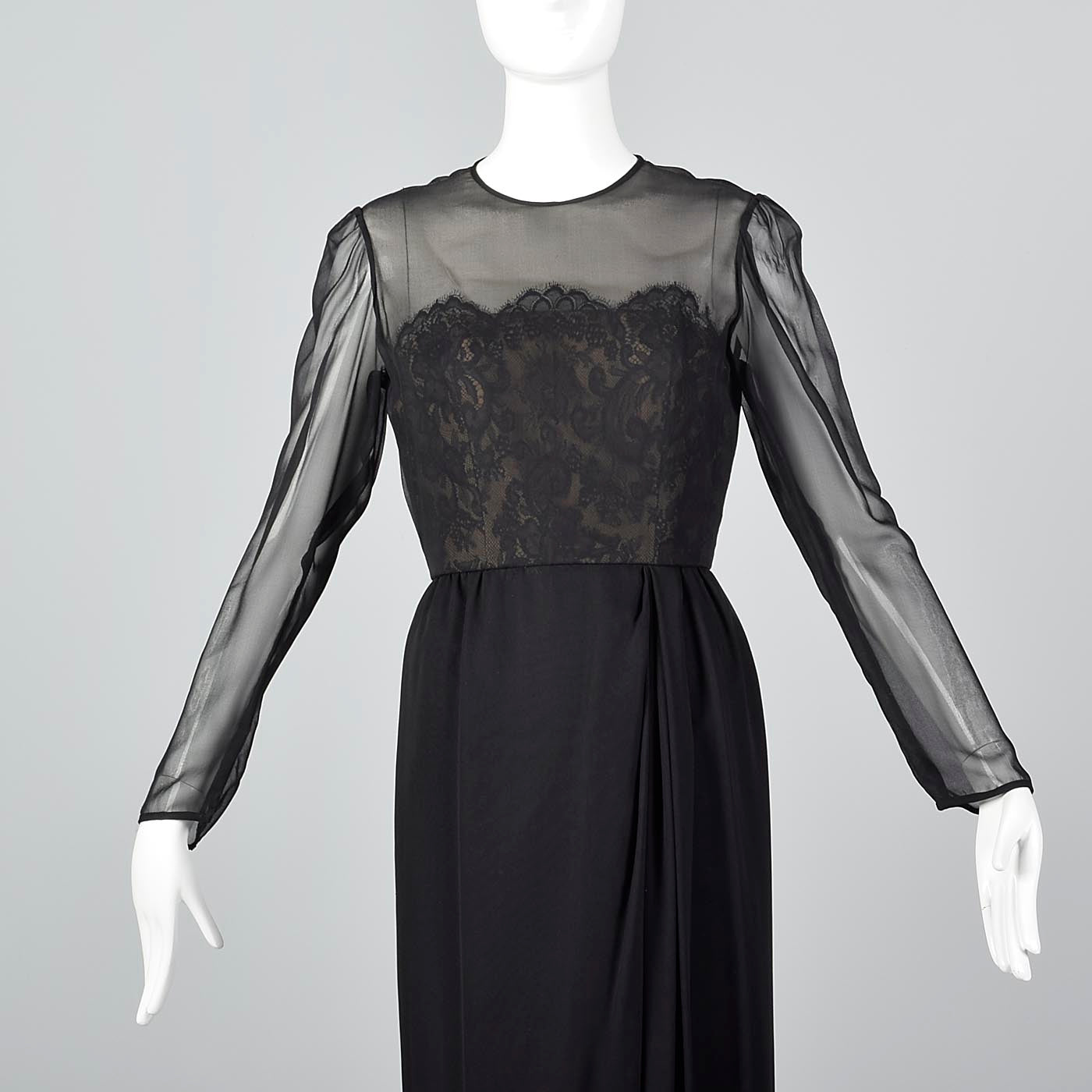 Michael Novarese Long Sleeve Black Evening Dress with Lace Illusion Bodice