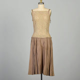XS 1960s Dress Taupe Lace Drop Waist Pleated Skirt