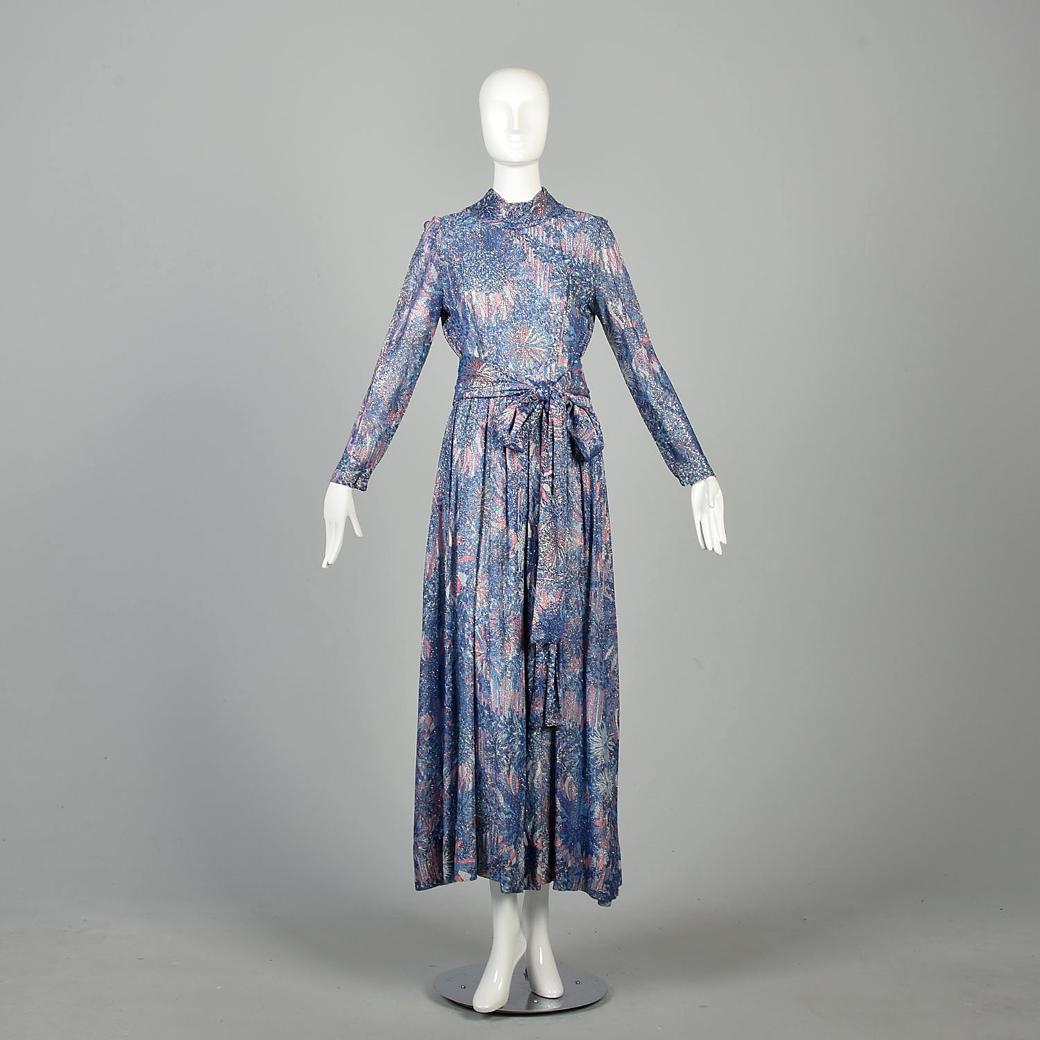 Small 1970s Maxi Dress Lurex Psychedelic Metallic Floral Evening