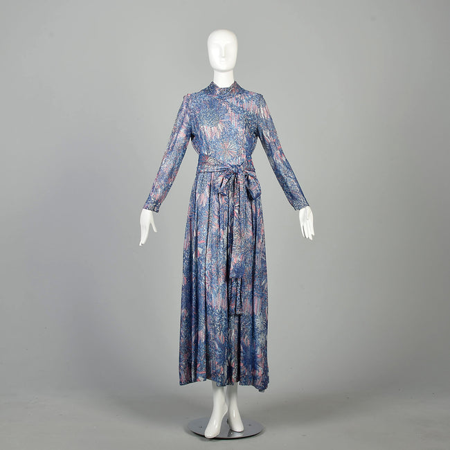 Small 1970s Maxi Dress Lurex Psychedelic Metallic Floral Evening