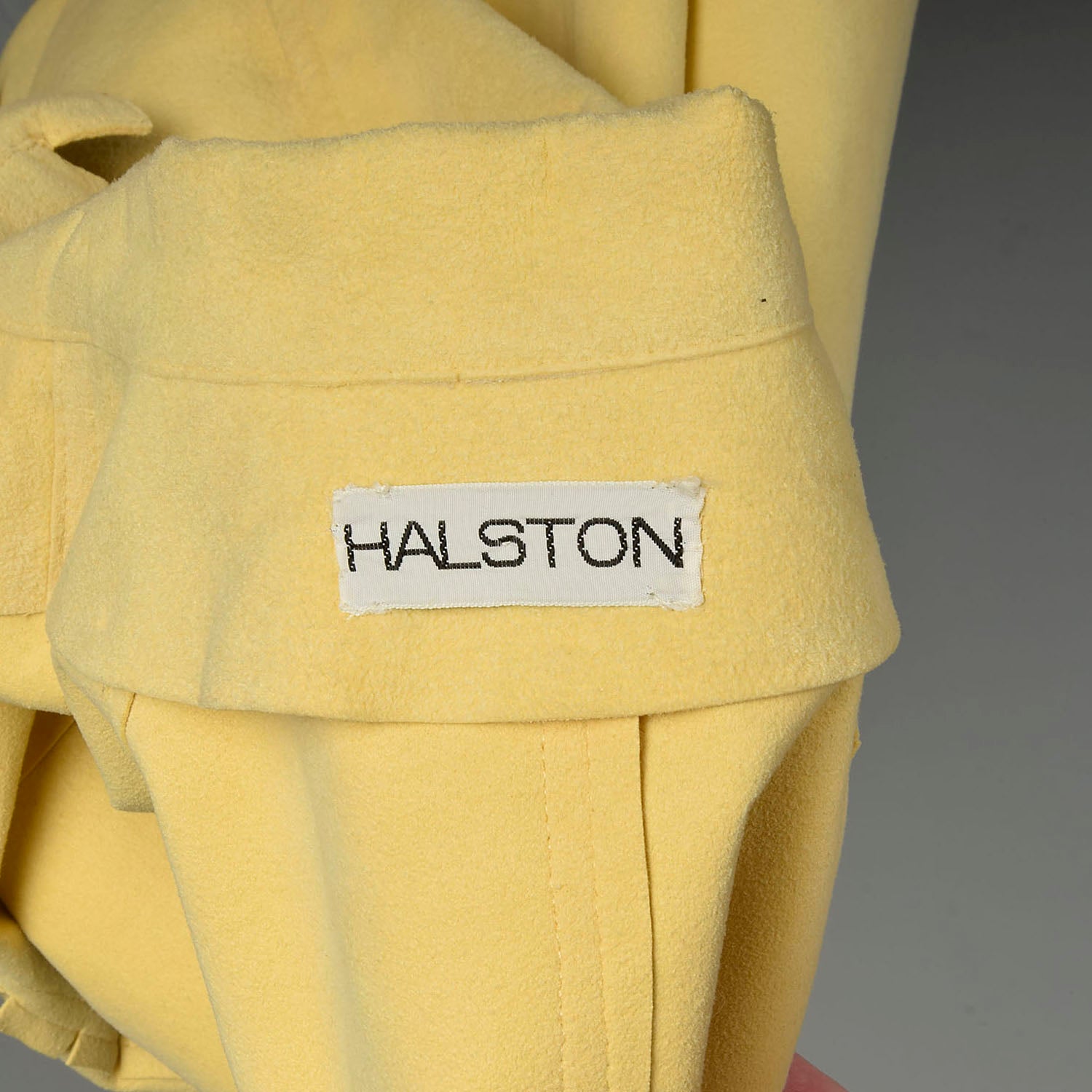 Small 1970s Halston Coat Ultrasuede Wing Collar Yellow Belted Dress Long Sleeve Button Front