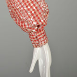 Large 1970s Long Sleeve Maxi Dress Red Gingham Sequin Picnic Country Glamour Tablecloth
