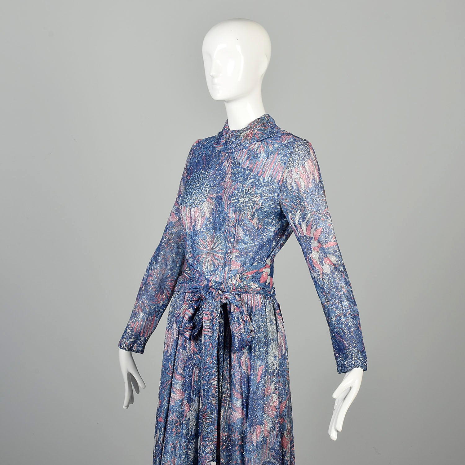 Small 1970s Maxi Dress Lurex Psychedelic Metallic Floral Evening
