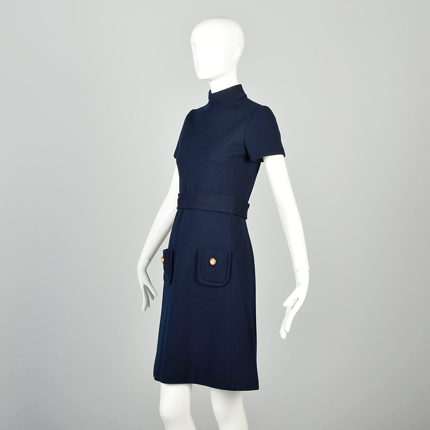 XXS 1970s Mod Dress Shift Minimalist Patch Pockets Navy Blue Knit