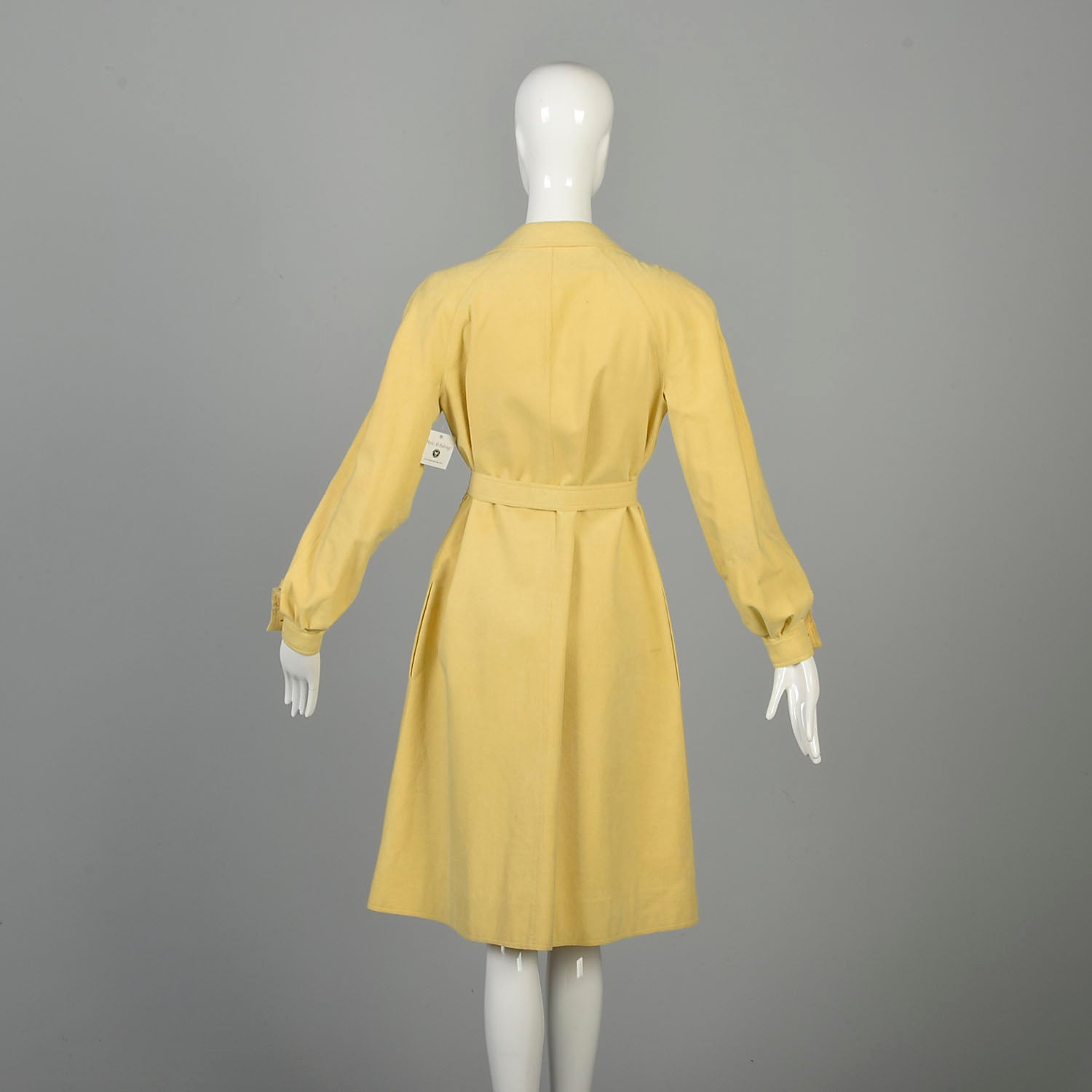 Small 1970s Halston Coat Ultrasuede Wing Collar Yellow Belted Dress Long Sleeve Button Front