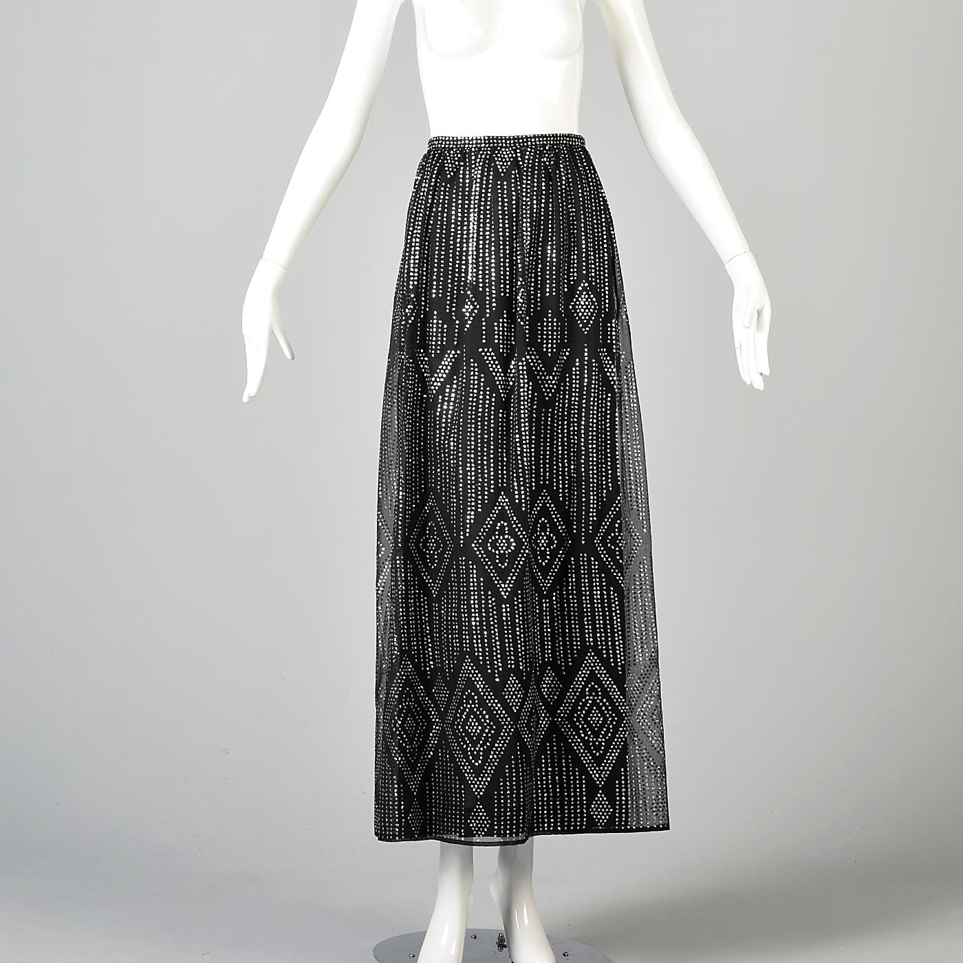 XS 1970s Black Maxi Skirt with Silver Glitter