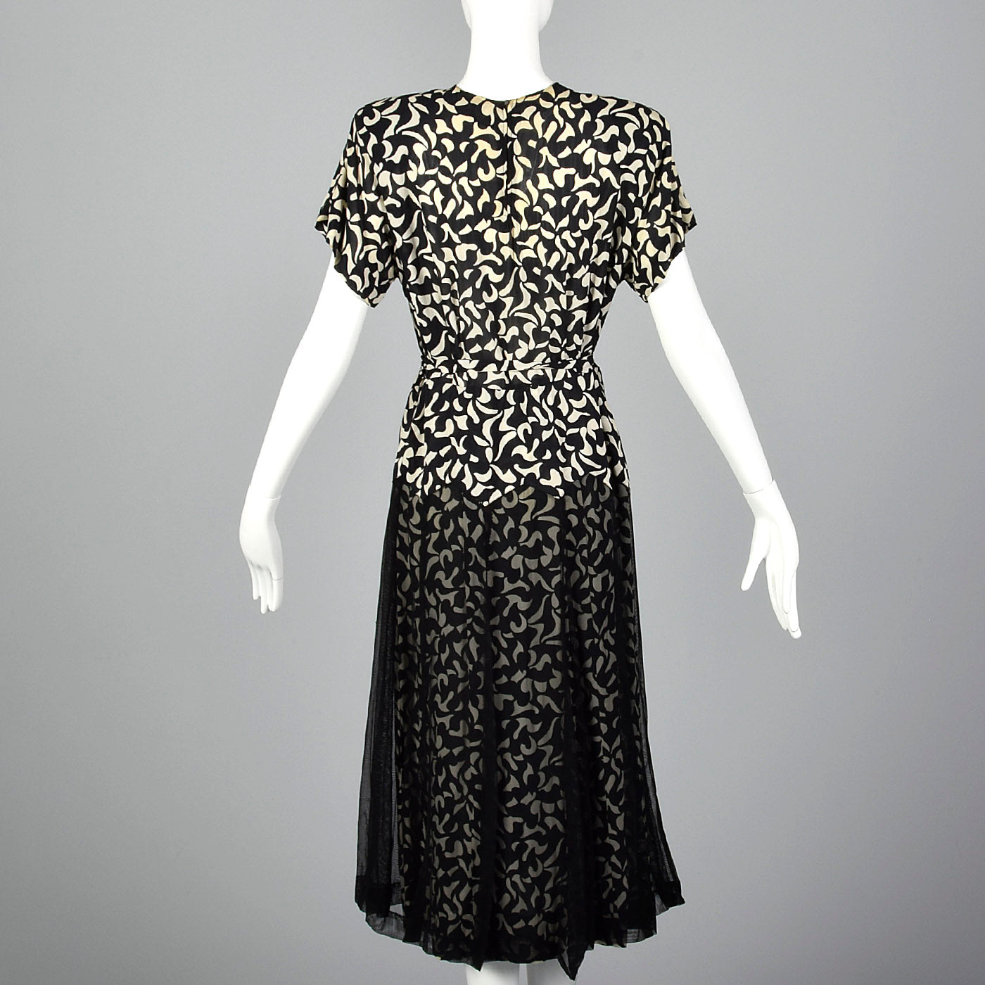 1940s Black and White Print Dress with Sheer Overlay