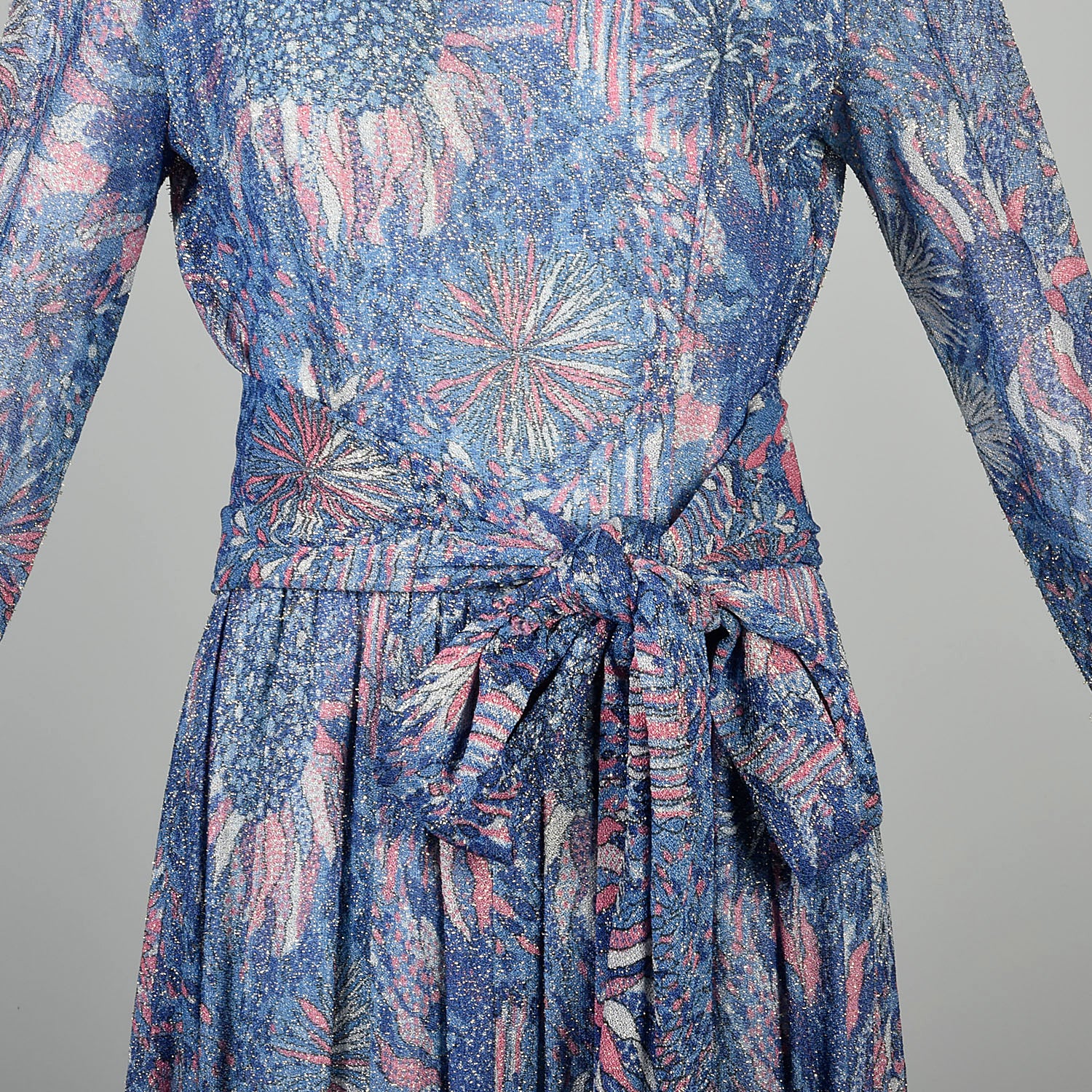 Small 1970s Maxi Dress Lurex Psychedelic Metallic Floral Evening