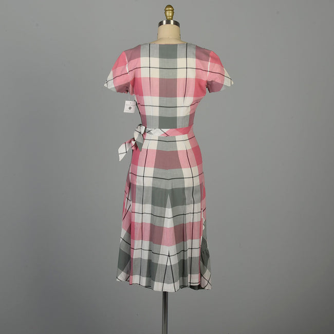 XS 1950s Dress Pink Plaid Cotton Sanforized Day Dress