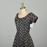 Small 1950s Flocked Dress Navy Blue Short Sleeve