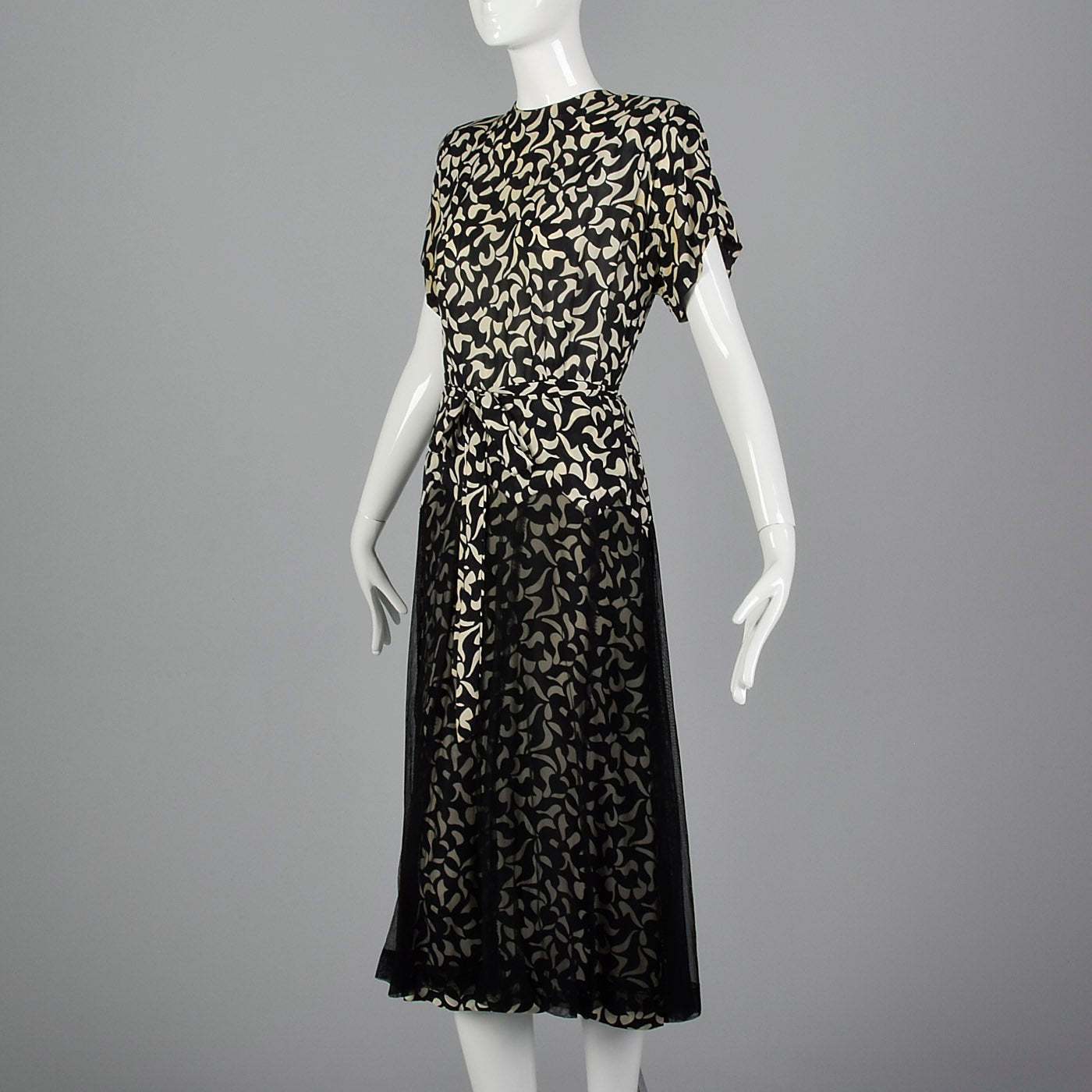 1940s Black and White Print Dress with Sheer Overlay
