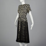 1940s Black and White Print Dress with Sheer Overlay