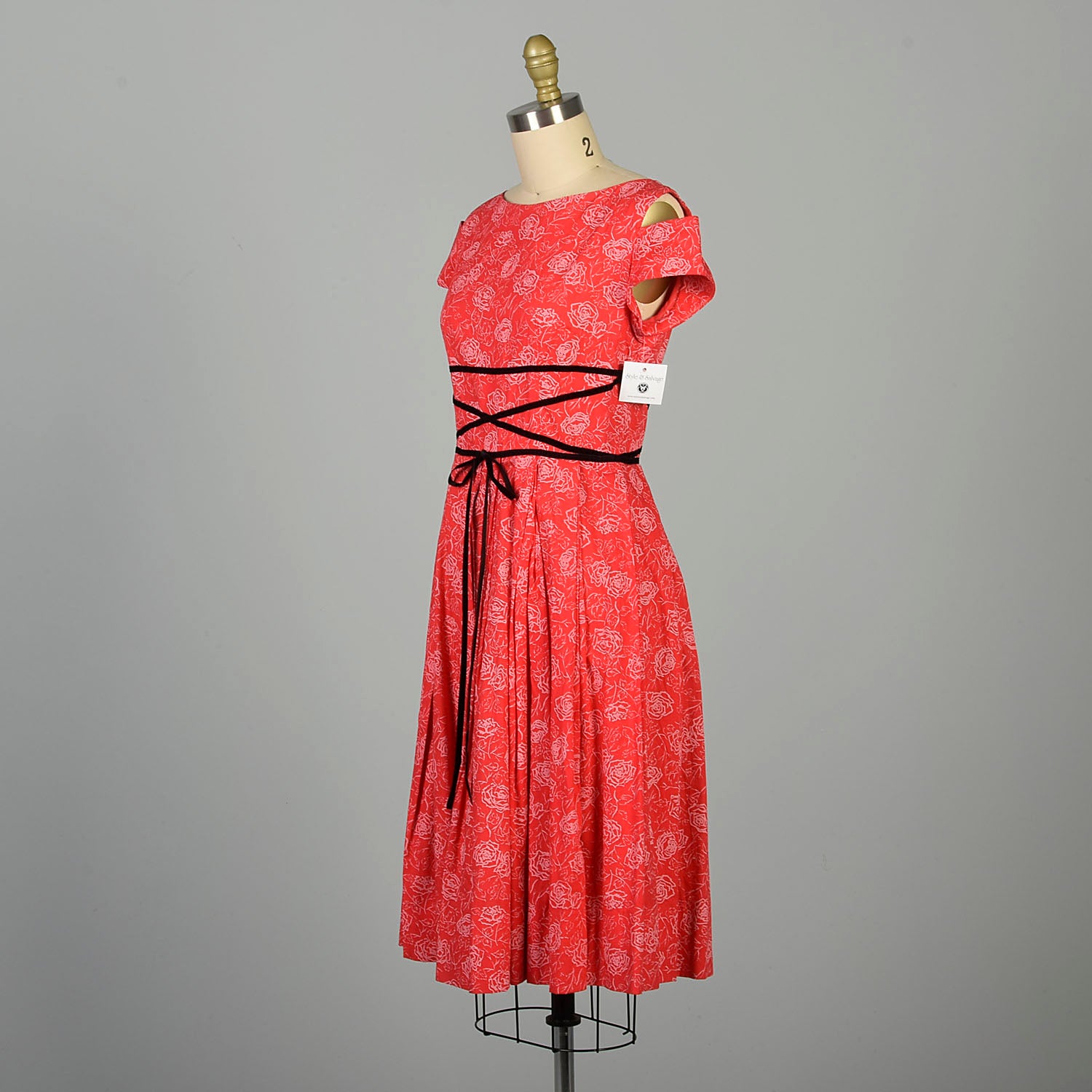 XXS 1950s Novelty Print Dress Faux Corset Laced Waist Red Rose Cotton Style & Salvage XXS 1950s Novelty Print Dress Faux Corset Laced Waist Red Rose Cotton Style & Salvage
