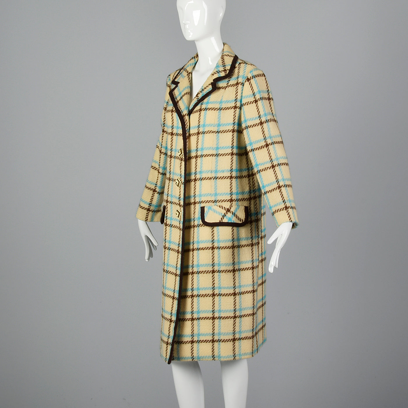 1960s Cream Plaid Coat Brown & Teal