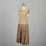 XS 1960s Dress Taupe Lace Drop Waist Pleated Skirt