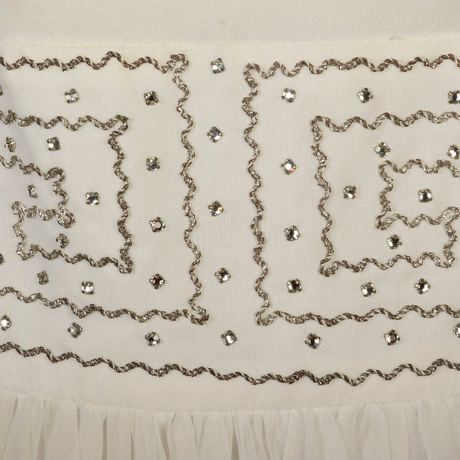 Medium 1960s White Silk Dress Rhinestone Waist Sleeveless