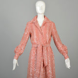 Large 1970s Long Sleeve Maxi Dress Red Gingham Sequin Picnic Country Glamour Tablecloth